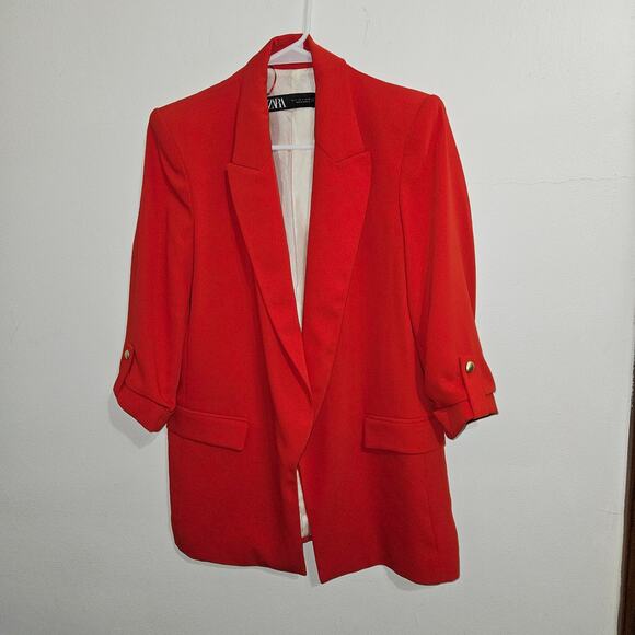 Zara Tops - Zara Open Front Red Blazer with Rolled up Sleeves. Size Small.